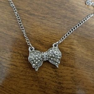 Silver rhinestone bow necklace